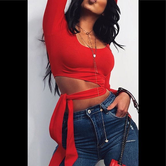 Sexy Red Side Tie Hollow Out long Sleeve Crop Shirt ❌Last 1 ❌ - Picture 4 of 5